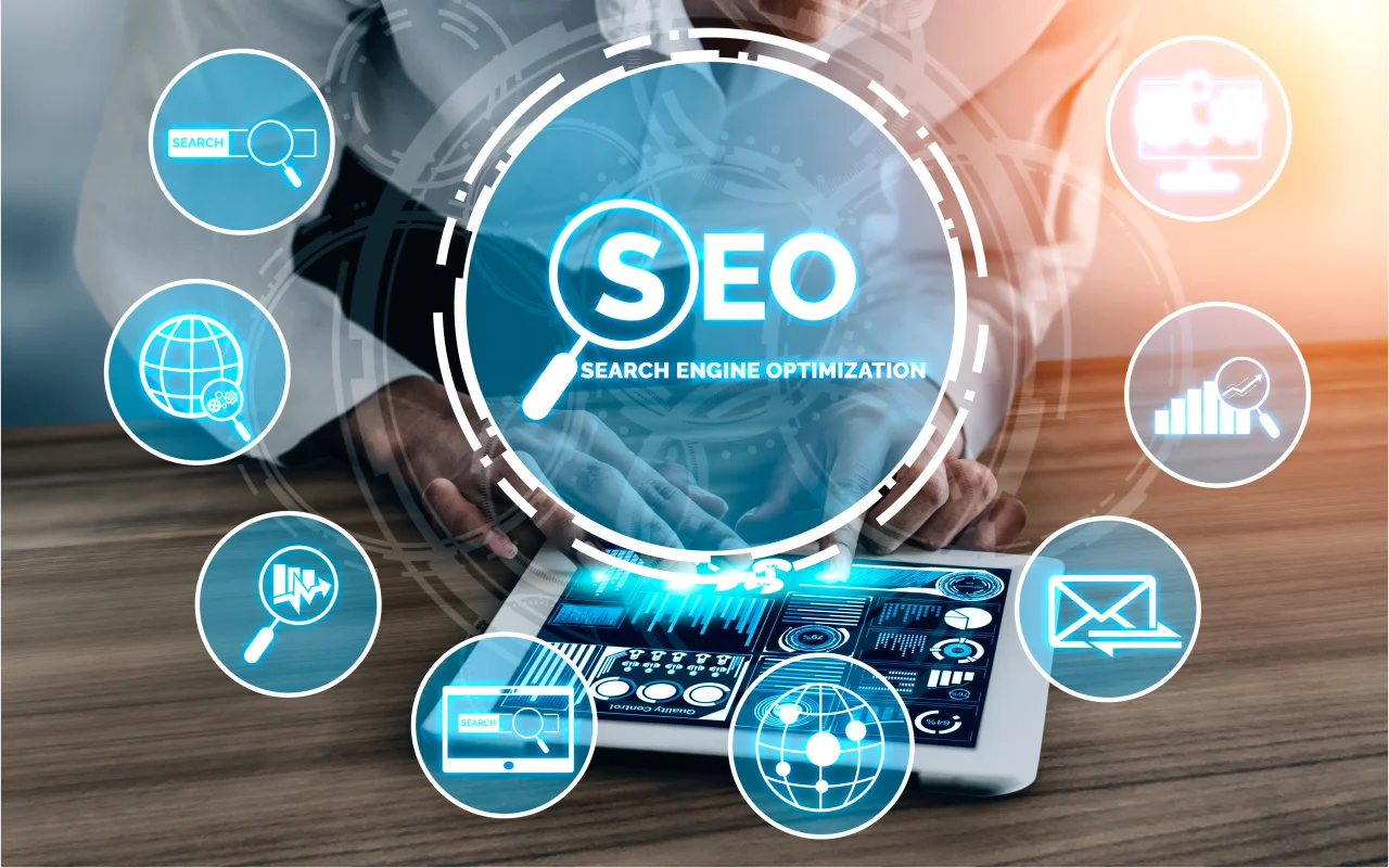 Local SEO for Small Business A digital graphic featuring an SEO magnifying glass icon surrounded by local marketing symbols like location pins, mail, and global connectivity.